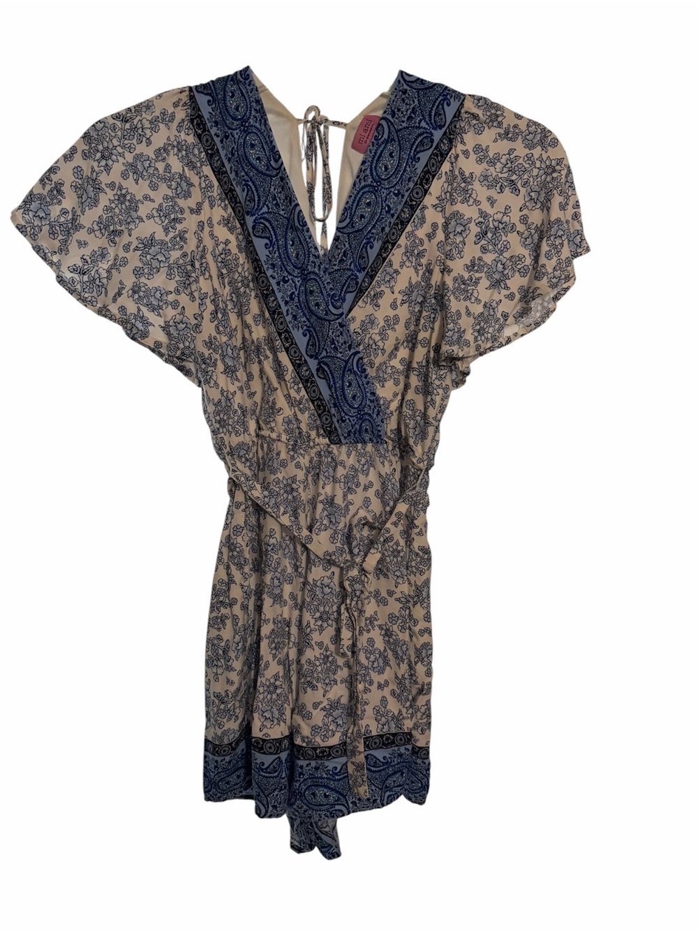 Francesca ‘s Mi Ami’s Women’s Cream and Blue Paisley Romper size medium